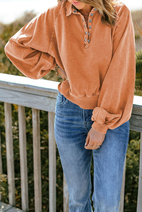 Lantern Sleeve Snap Button Placket Washed Pullover Casual Round Neck Sweatshirt